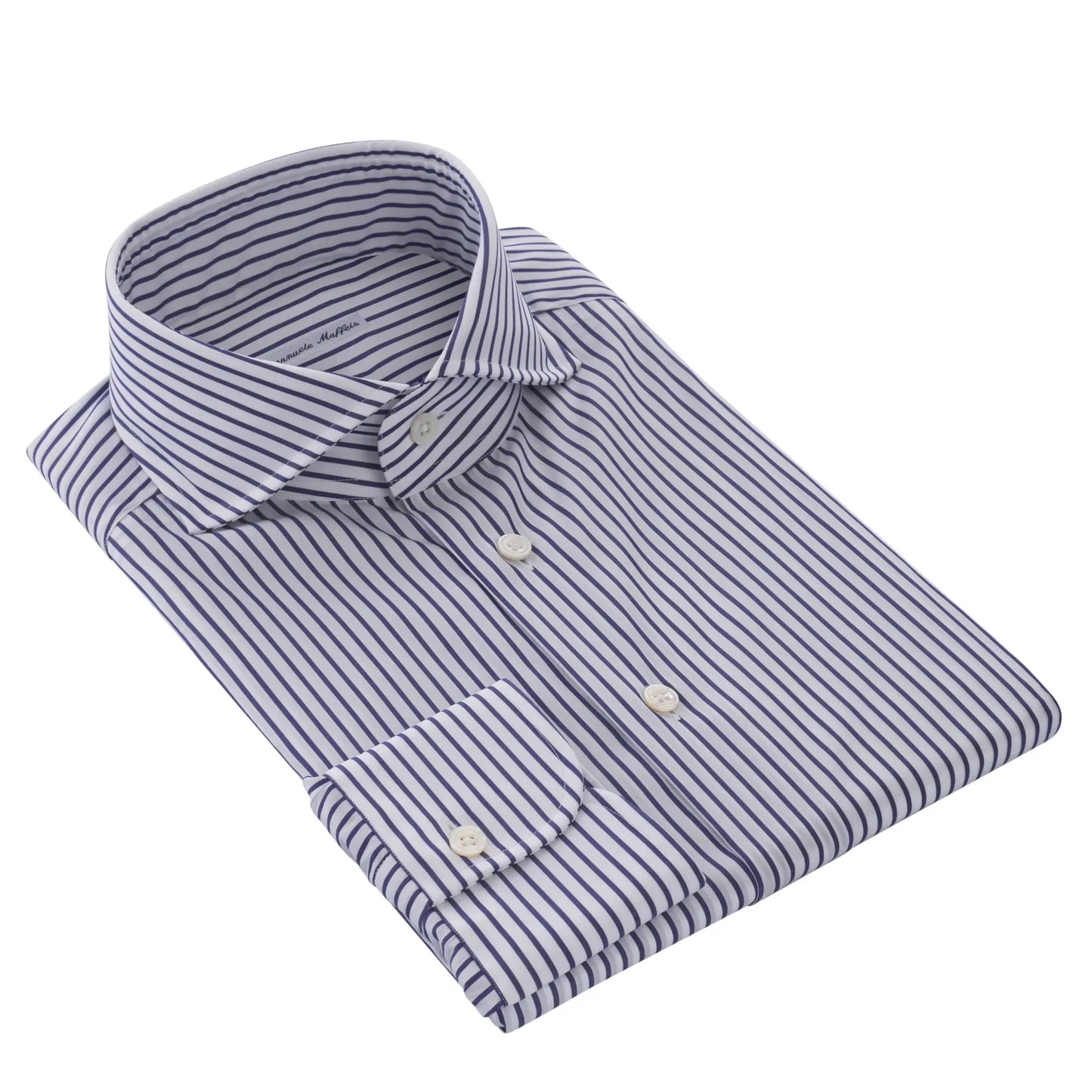 Stretch-Cotton Blue and White Shirt with Shark Collar
