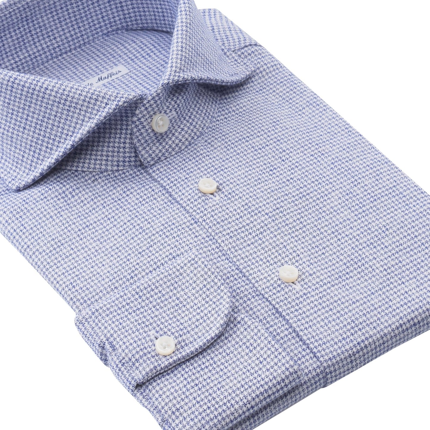 Emanuele Maffeis Houndstooth Flannel-Cotton Blue Shirt with Shark Collar - SARTALE