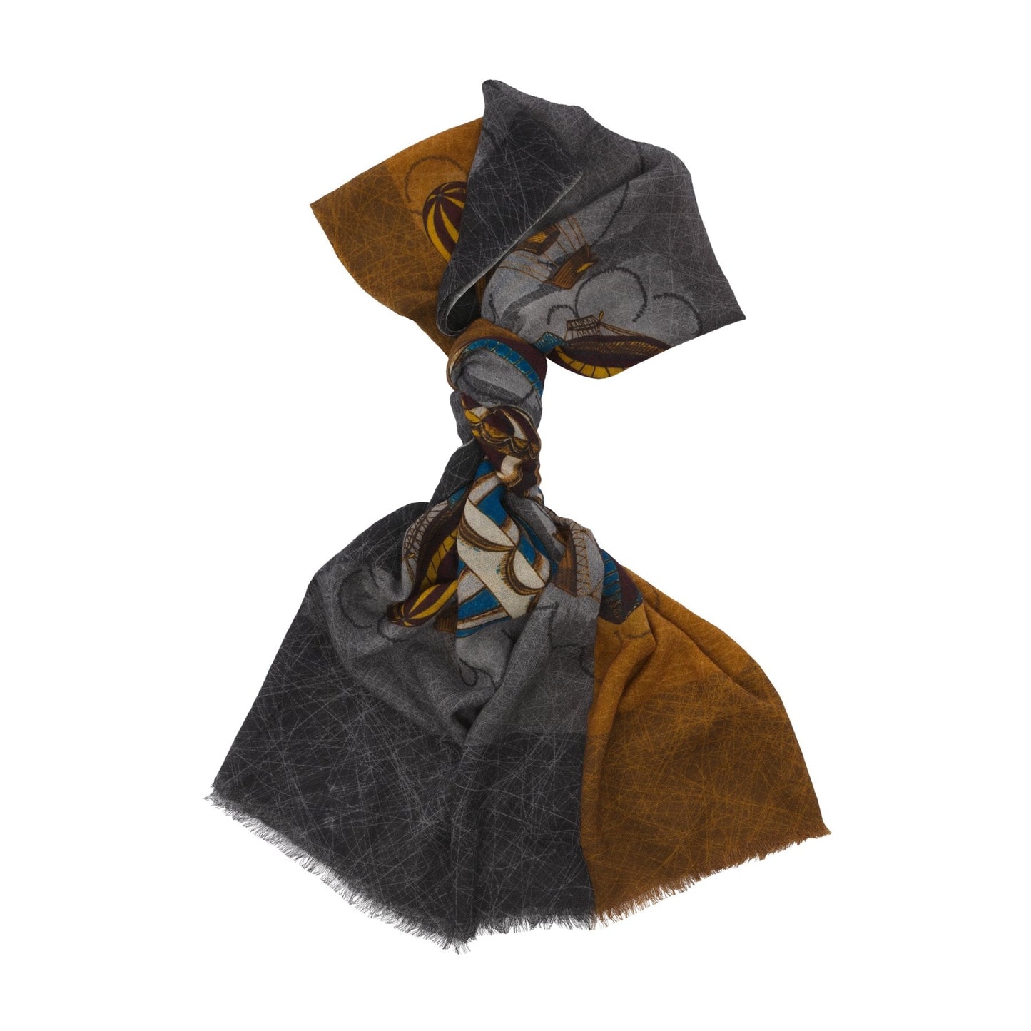 Bontoni Fringed Cashmere Scarf with Ballon Print in Brown - SARTALE