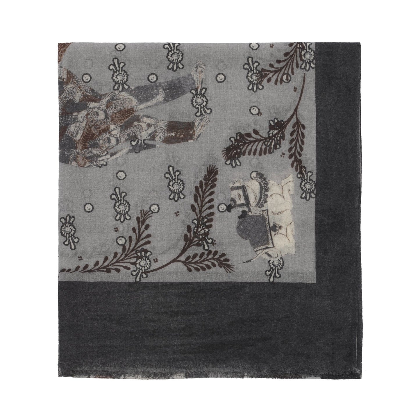 Bontoni Fringed Cashmere Scarf with Oriental Print in Grey - SARTALE
