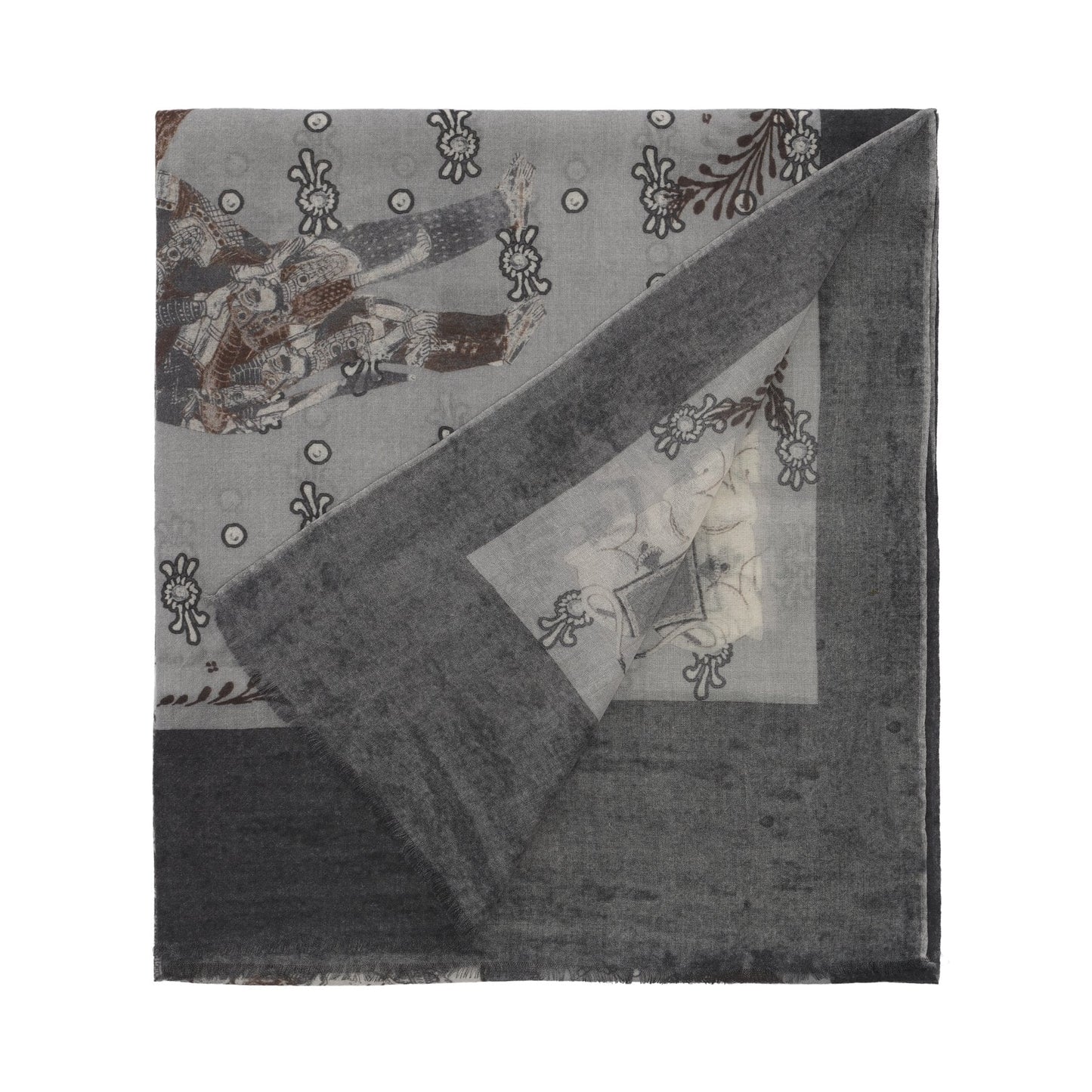 Bontoni Fringed Cashmere Scarf with Oriental Print in Grey - SARTALE