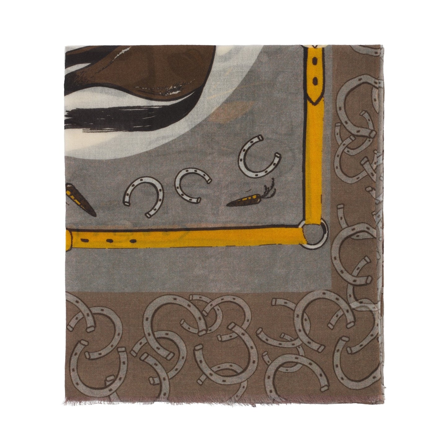 Bontoni Fringed Cashmere Scarf with Horse Print in Brown - SARTALE