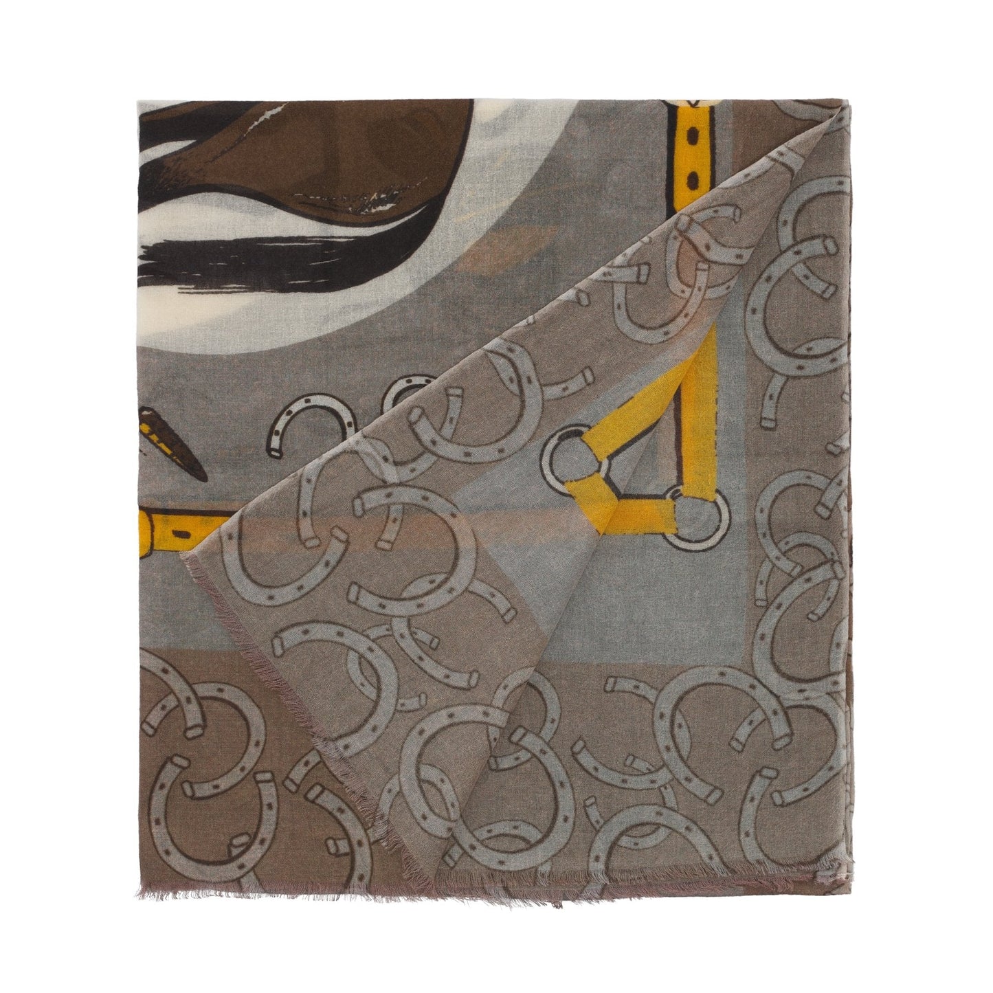 Bontoni Fringed Cashmere Scarf with Horse Print in Brown - SARTALE