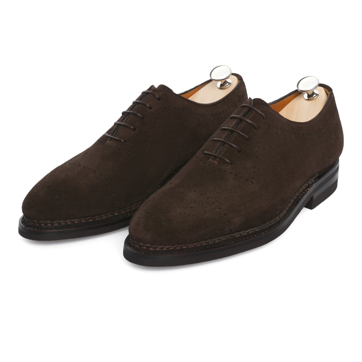 Bontoni «Brera» Five-Eyelet Oxford Suede Shoes with Perforated Details and Medallion in Dark Brown - SARTALE