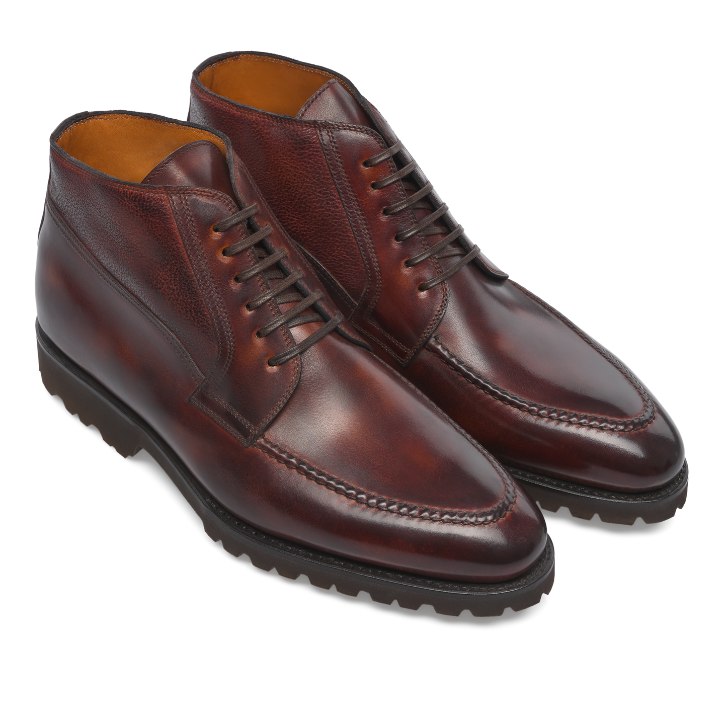 Bontoni «Campagna» Six-Eyelet Leather Derby Boots with Hand-Stitched Details in Whisky Brown - SARTALE