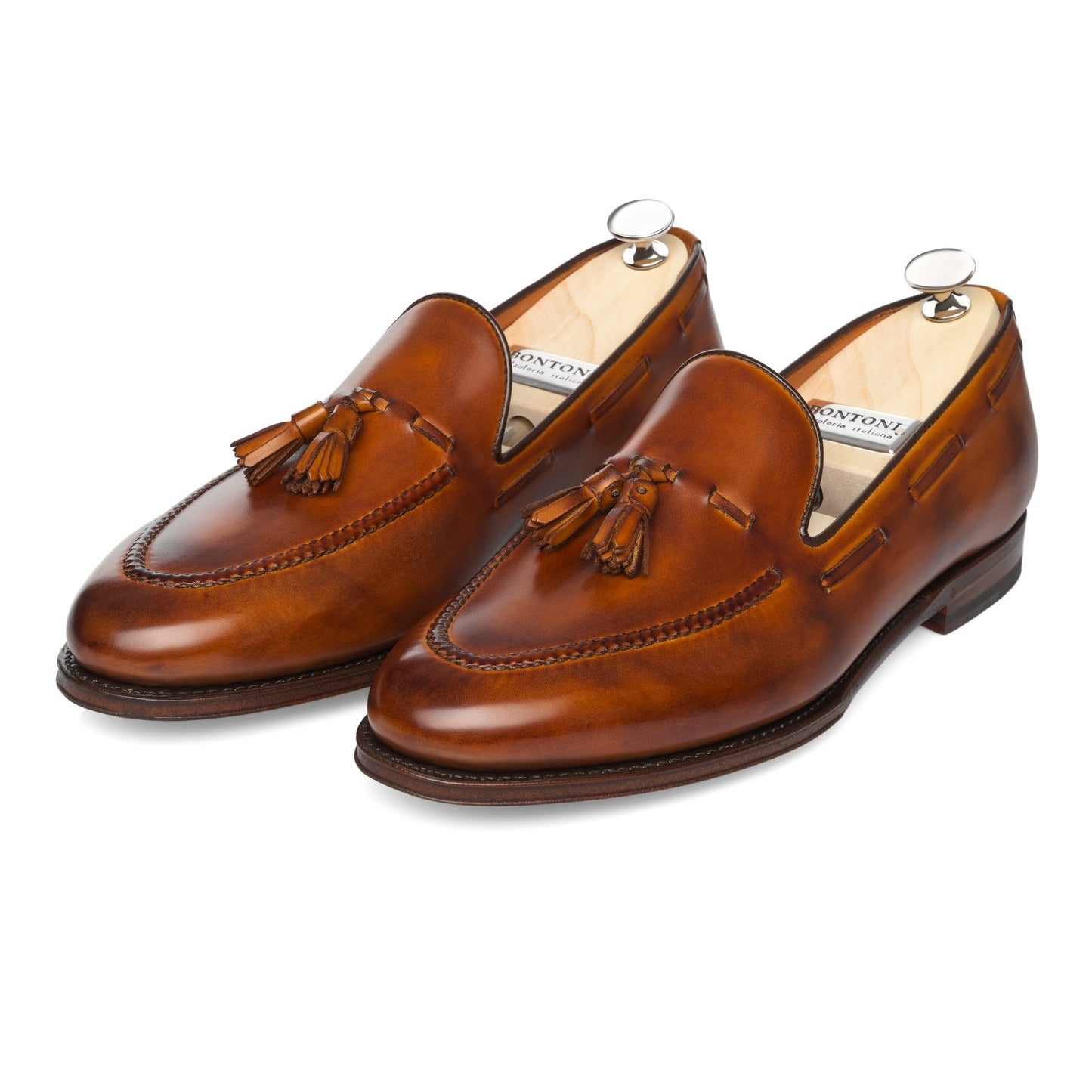 Bontoni «Conte Massimo» Leather Tassel Loafer with Hand-Stitched Apron in Cognac - SARTALE