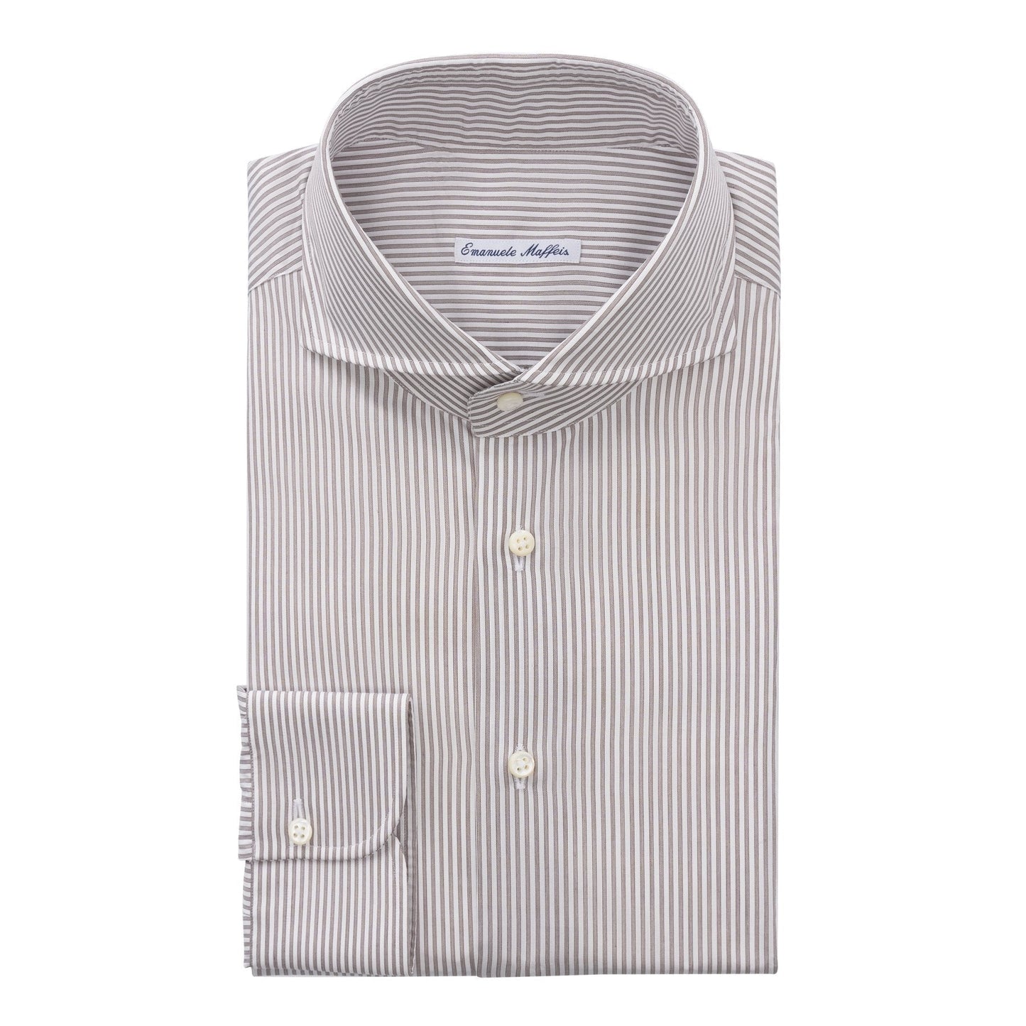Emanuele Maffeis Bengal-Stripe Cotton Brown Shirt with Shark Collar - SARTALE