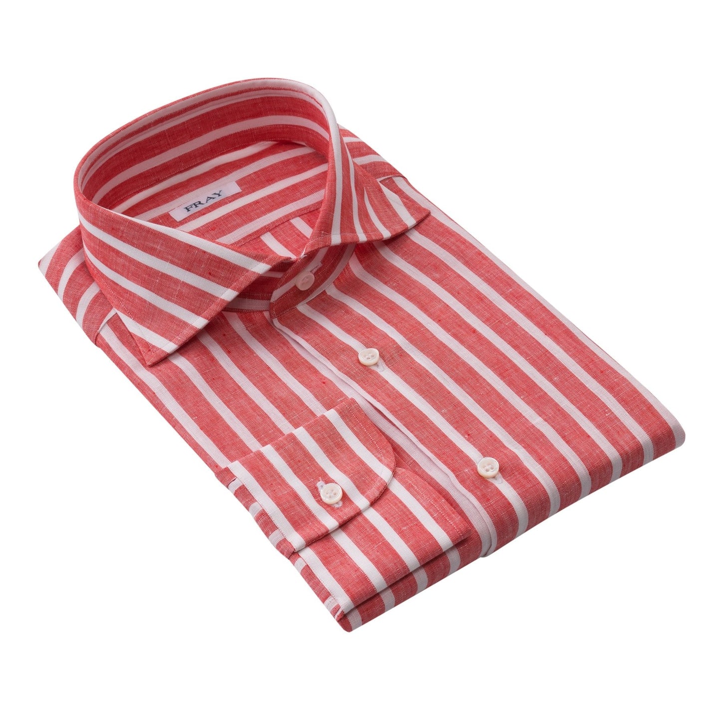 Fray Striped Linen Orange Shirt with Round French Cuff - SARTALE