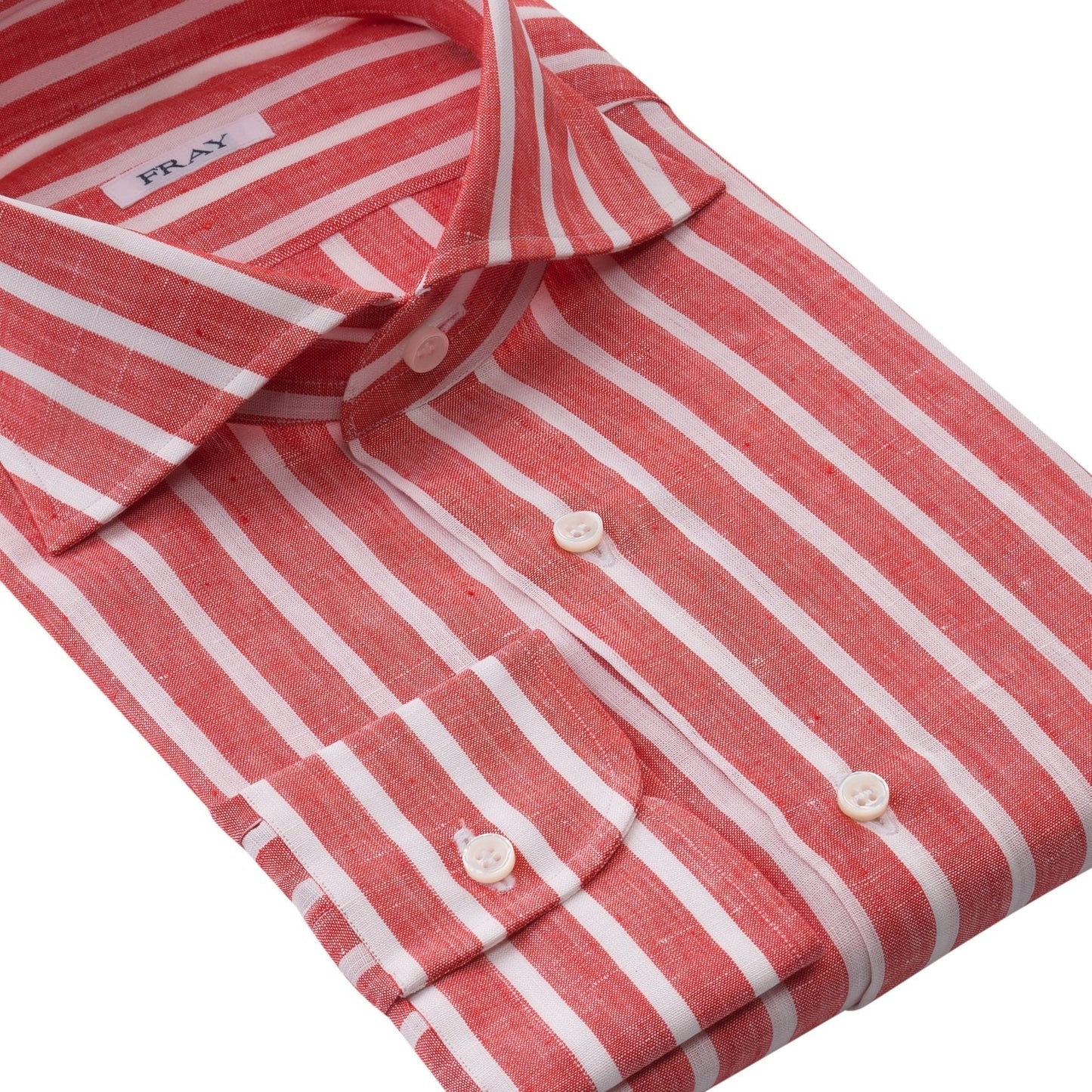 Fray Striped Linen Orange Shirt with Round French Cuff - SARTALE