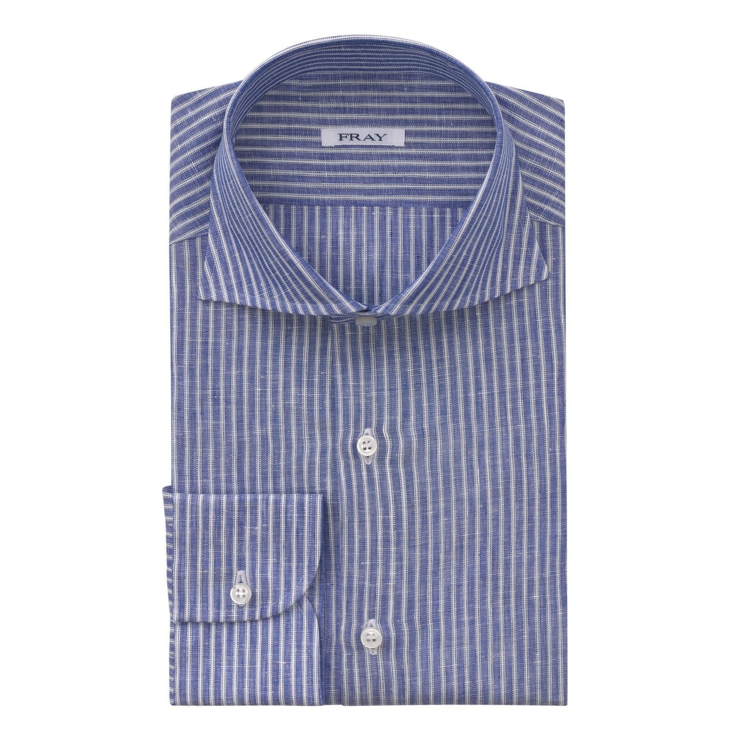 Fray Striped Linen Blue Shirt with Round French Cuff - SARTALE