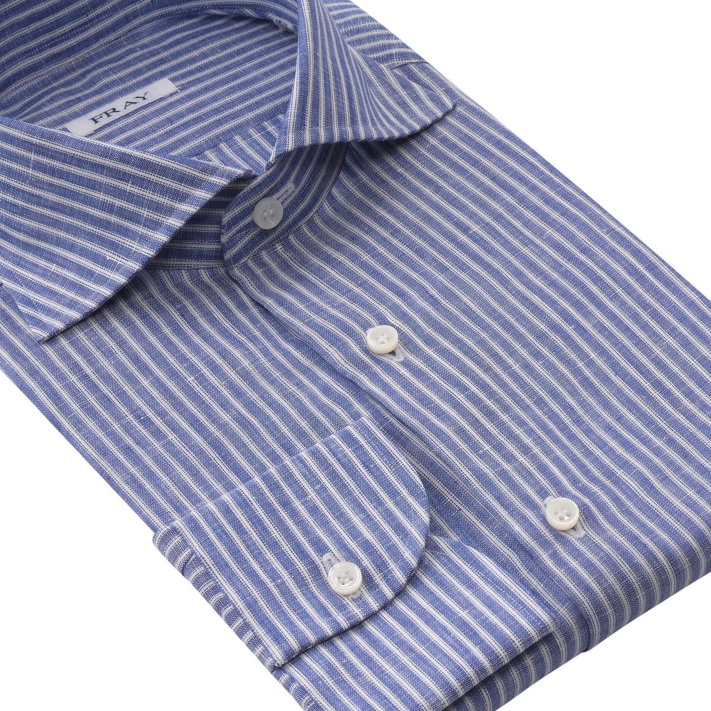 Fray Striped Linen Blue Shirt with Round French Cuff - SARTALE