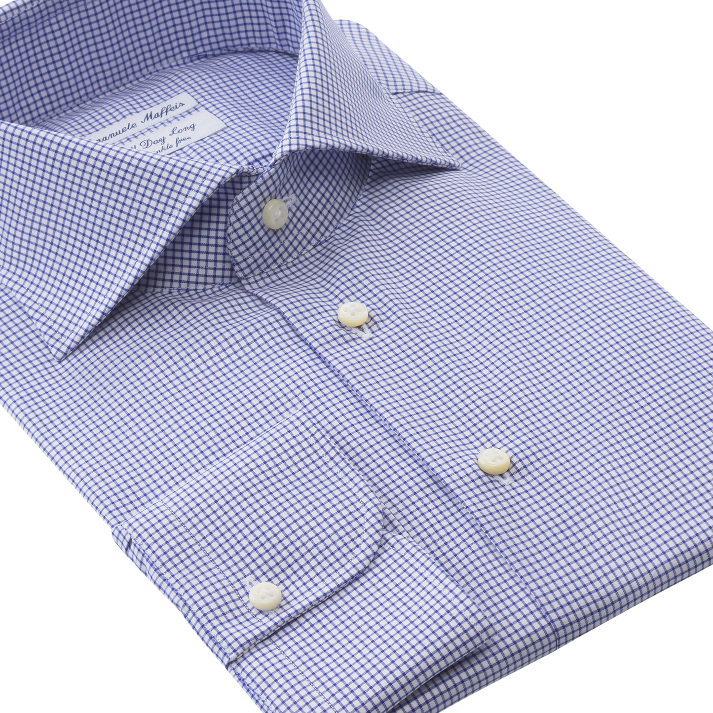 Emanuele Maffeis "All Day Long Collection" Graph-Check Cotton Blue Shirt with Cutaway Collar - SARTALE