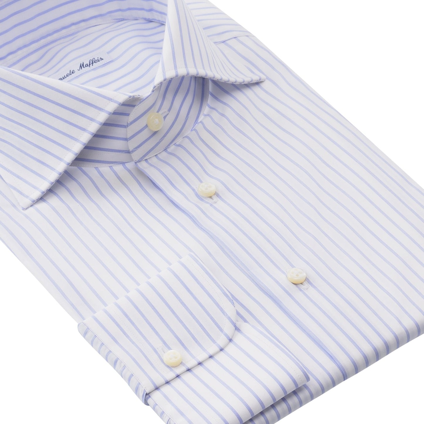 Emanuele Maffeis Striped Cotton White and Blue Shirt with Cutaway Collar - SARTALE