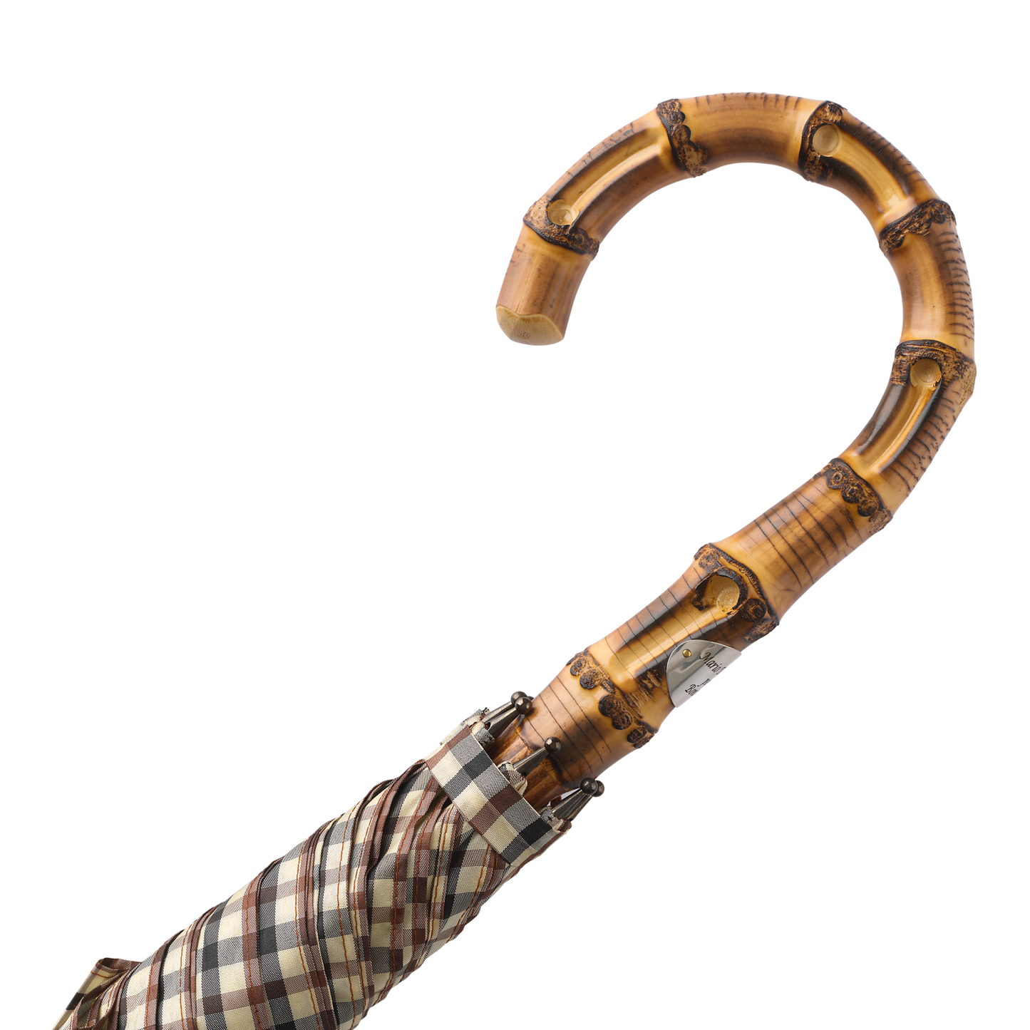 Swan-Neck Mounted Bamboo-Handle Checked Umbrella in Brown