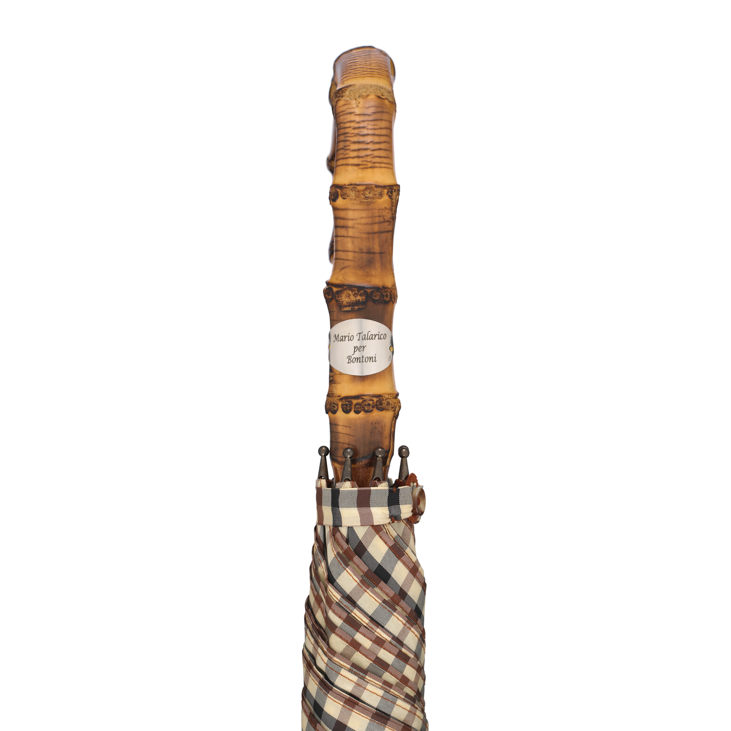 Swan-Neck Mounted Bamboo-Handle Checked Umbrella in Brown
