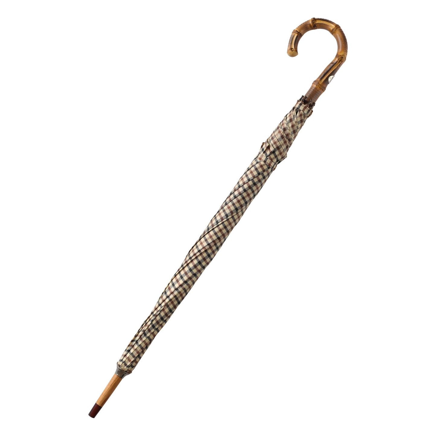 Bontoni Swan-Neck Mounted Bamboo-Handle Checked Umbrella in Brown - SARTALE