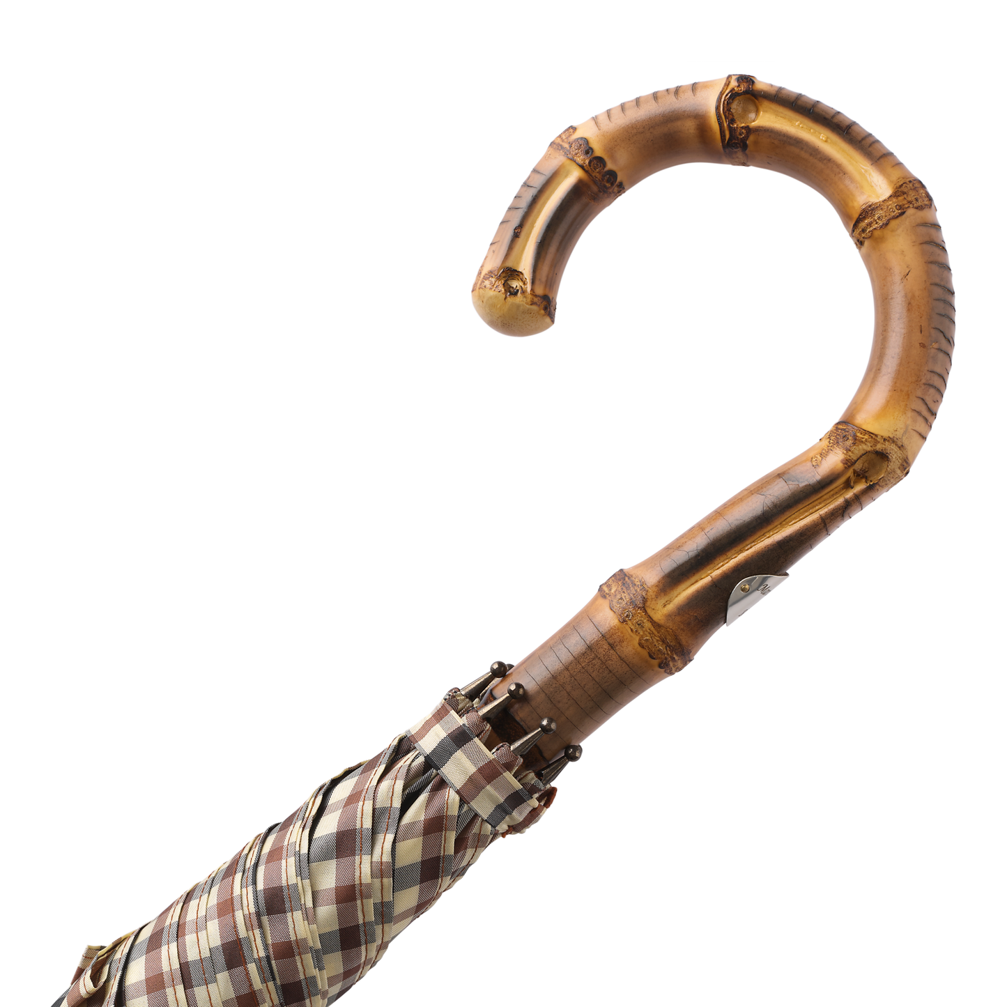 Swan-Neck Mounted Bamboo-Handle Checked Umbrella in Brown