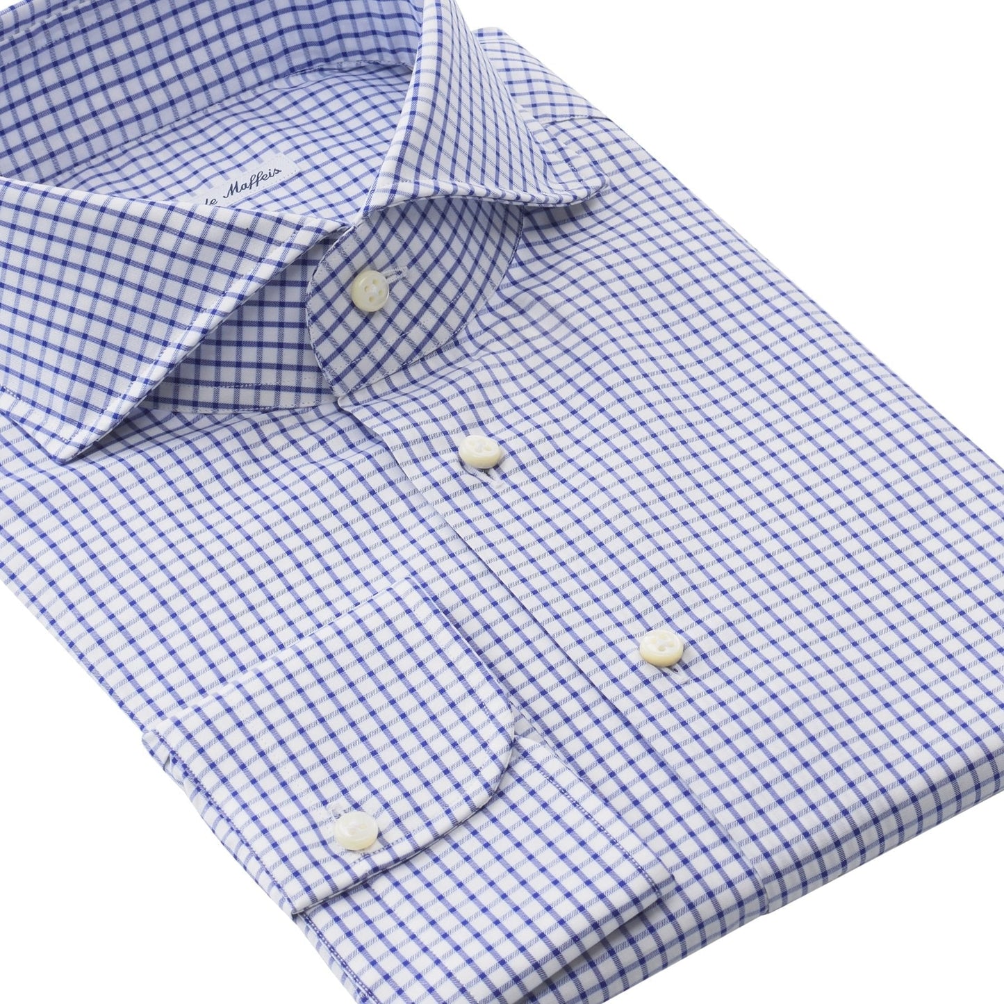 Emanuele Maffeis Finest Cotton Checked Blue Shirt with Shark Collar - SARTALE