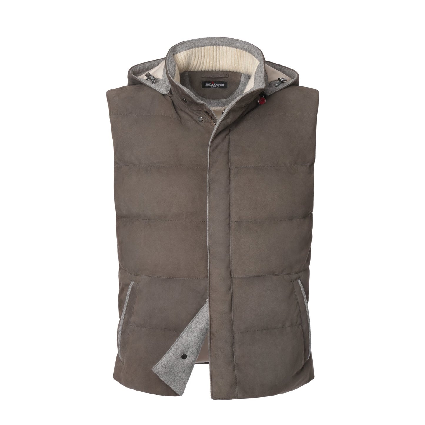 Kiton Quilted Hooded Suede Vest in Taupe - SARTALE