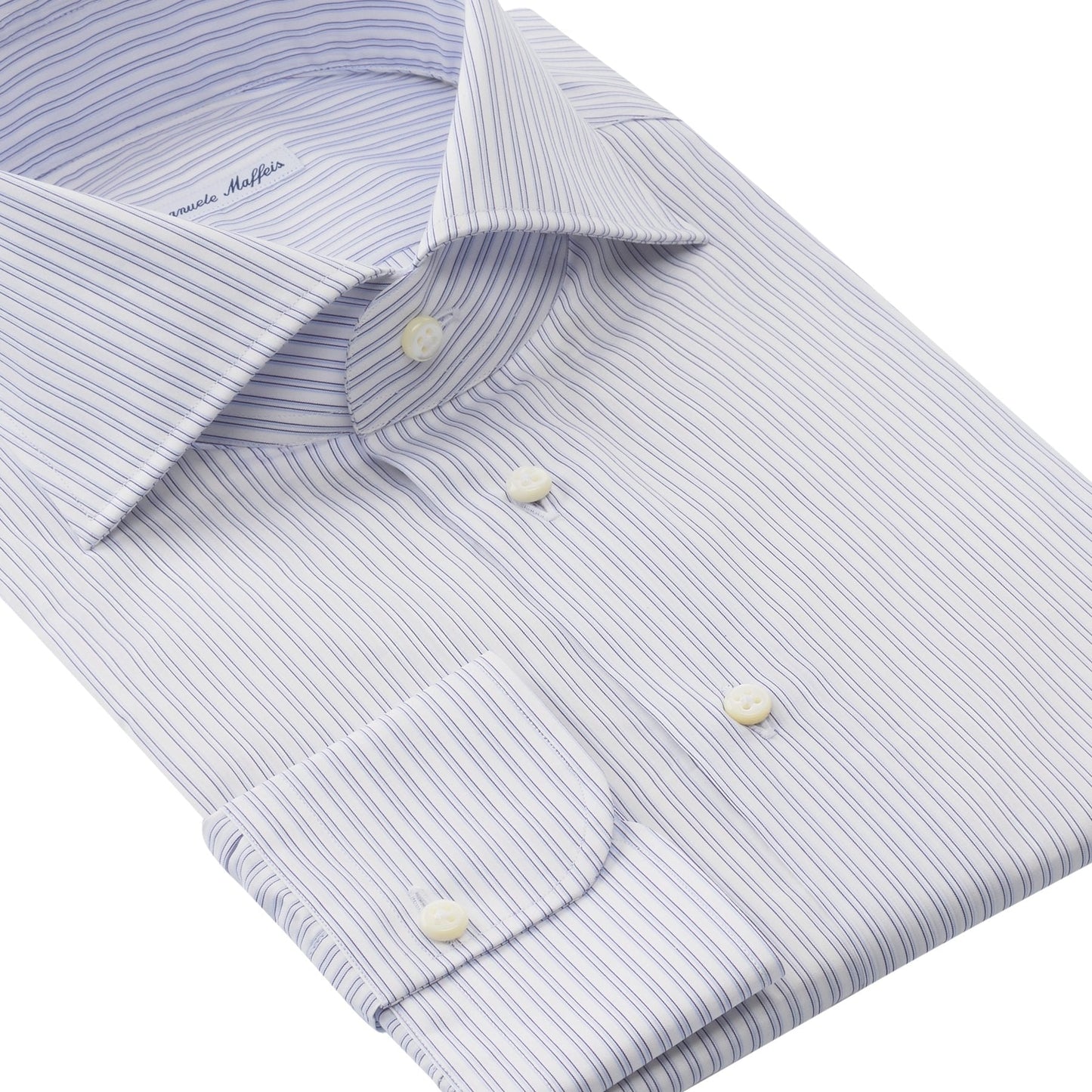 Emanuele Maffeis Finest Cotton Double-Stripe White and Blue Shirt with Cutaway Collar - SARTALE