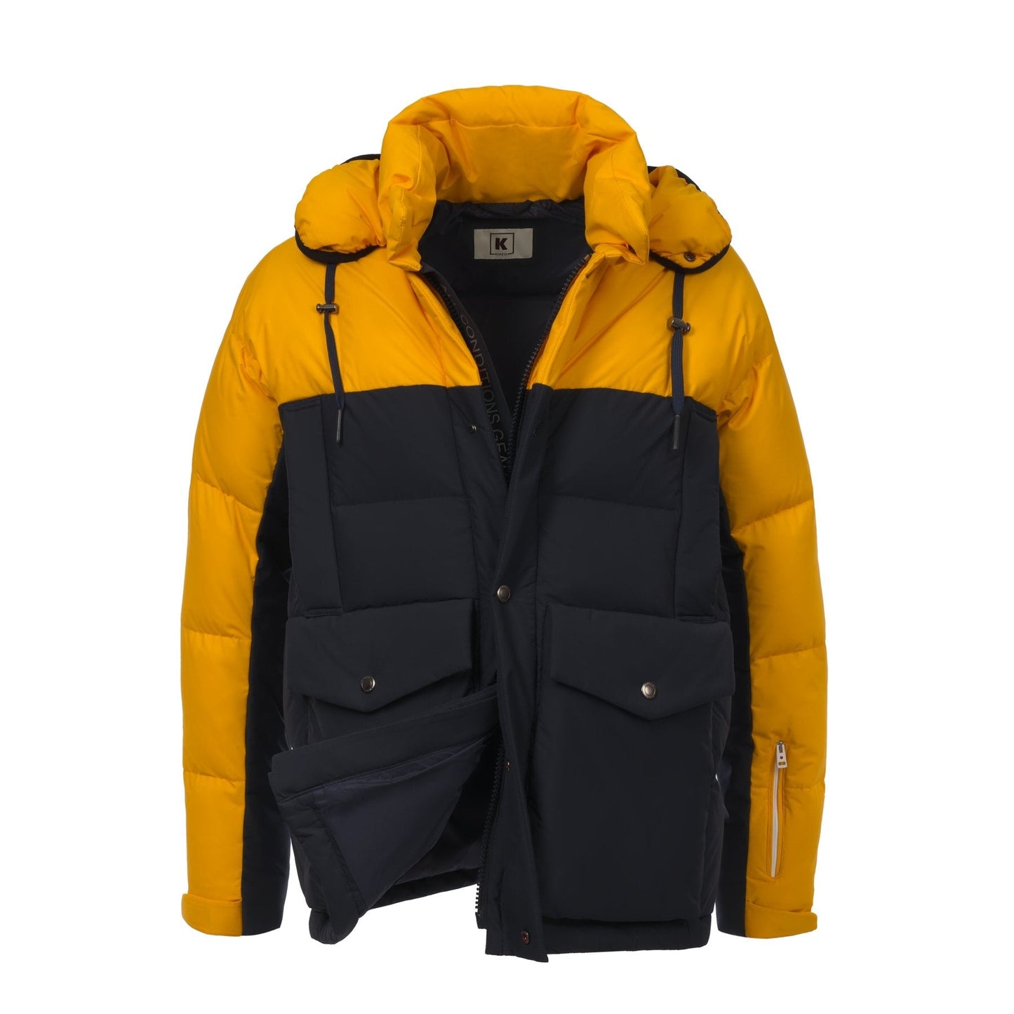 Kired Quilted Shell Hooded Down Jacket in Yellow and Dark Blue - SARTALE