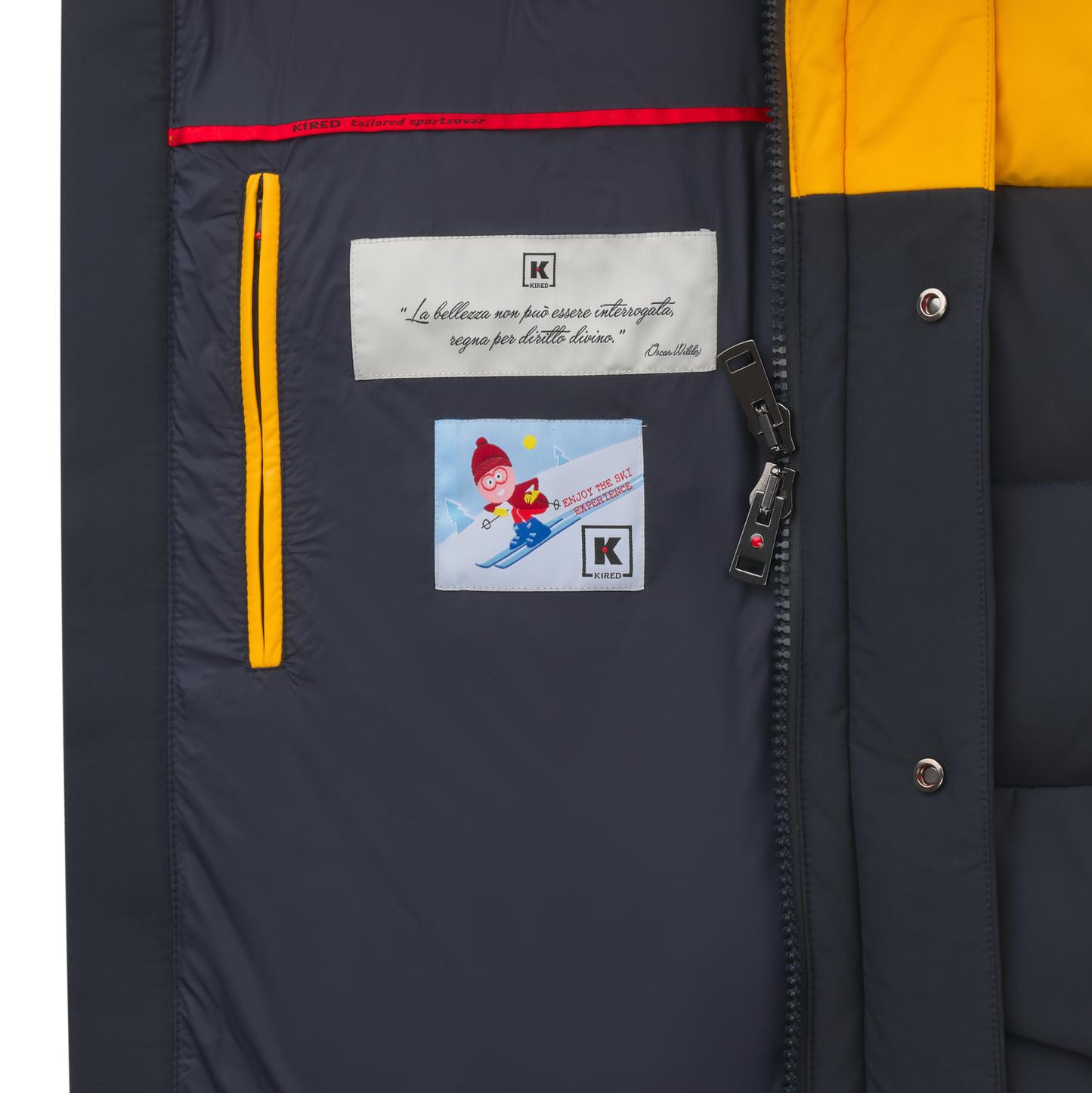 Kired Quilted Shell Hooded Down Jacket in Yellow and Dark Blue - SARTALE