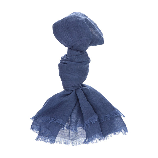 Schal aus einer Leinen-Kaschmir-Mischung mit Fransen in Blau