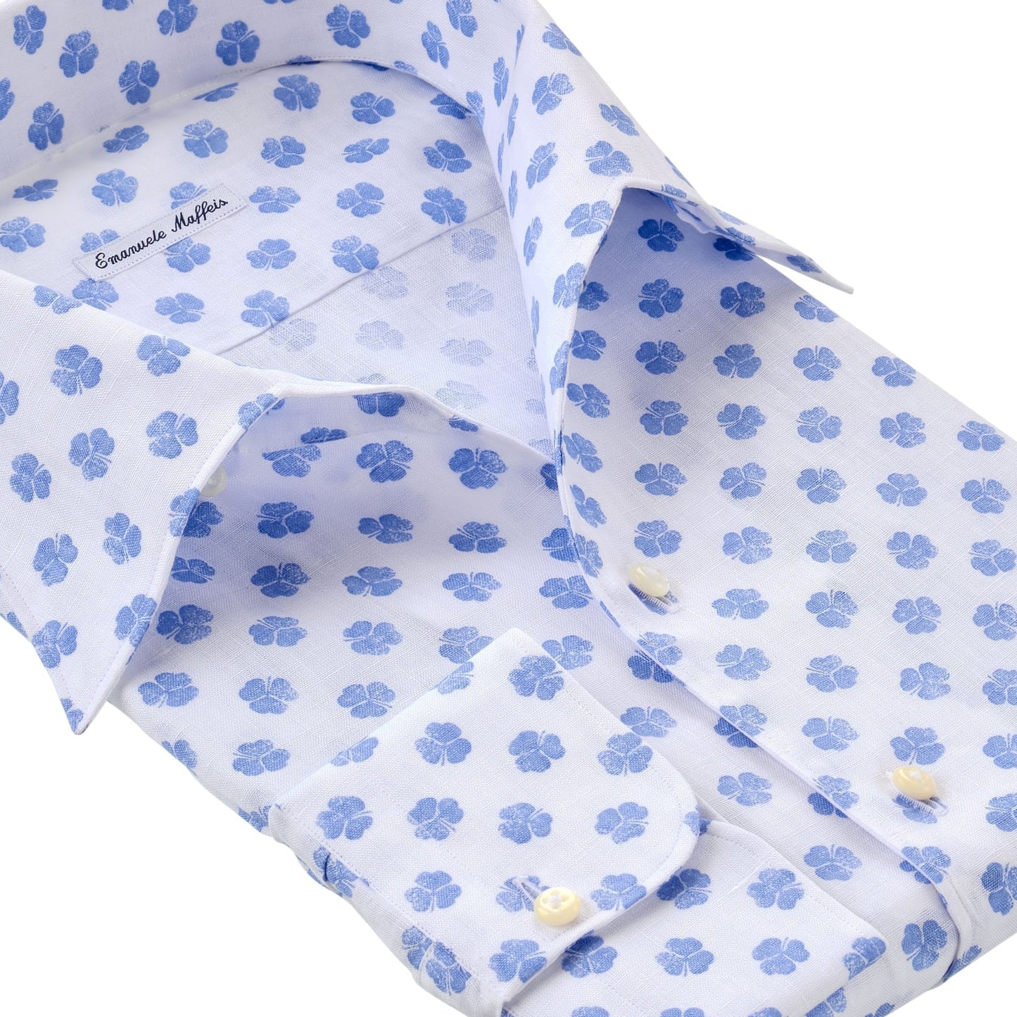 Cotton and Linen-Blend Shirt with Blue Clover Leaf Print