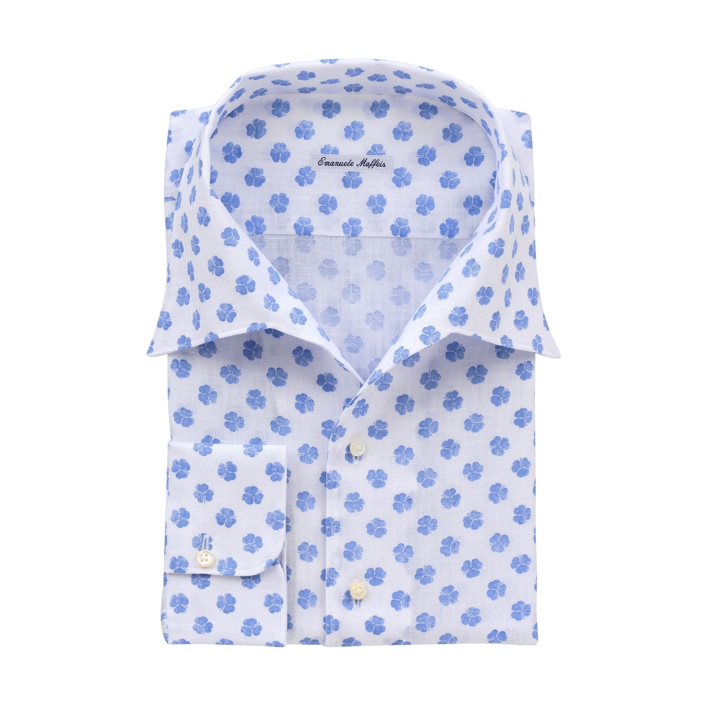 Cotton and Linen-Blend Shirt with Blue Clover Leaf Print