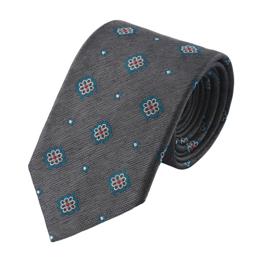 Embroidered Woven Silk Tie in Grey