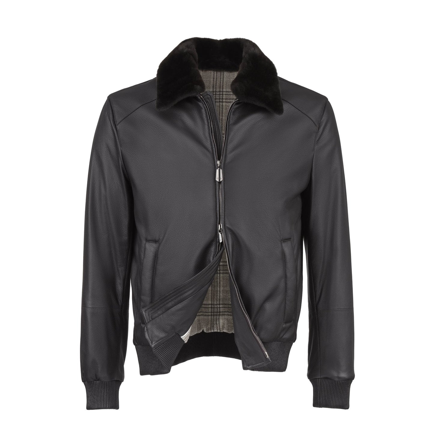 Cesare Attolini Leather Bomber Jacket with Fur Collar in Dark Grey - SARTALE
