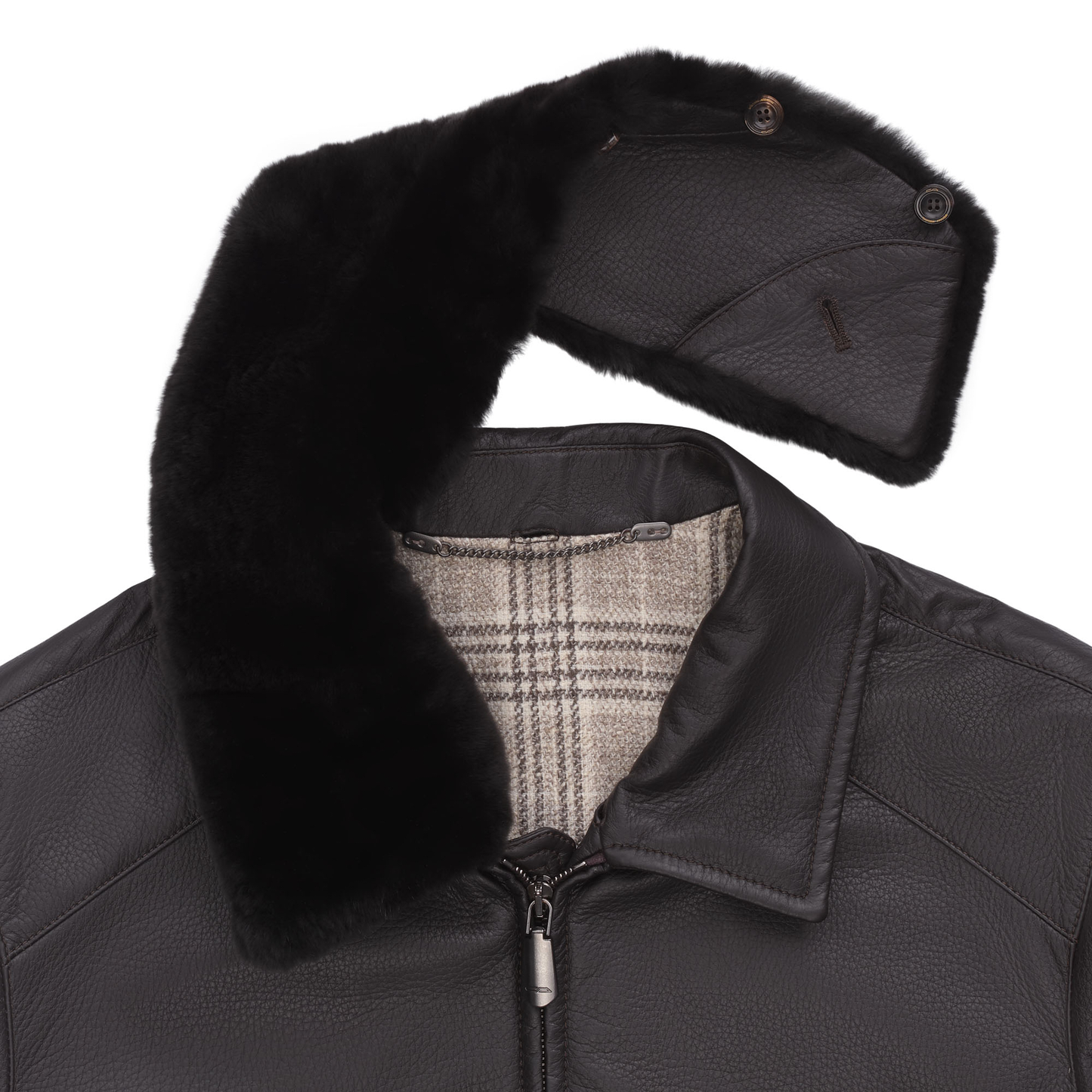 Cesare Attolini Leather Bomber Jacket with Fur Collar in Dark Grey - SARTALE