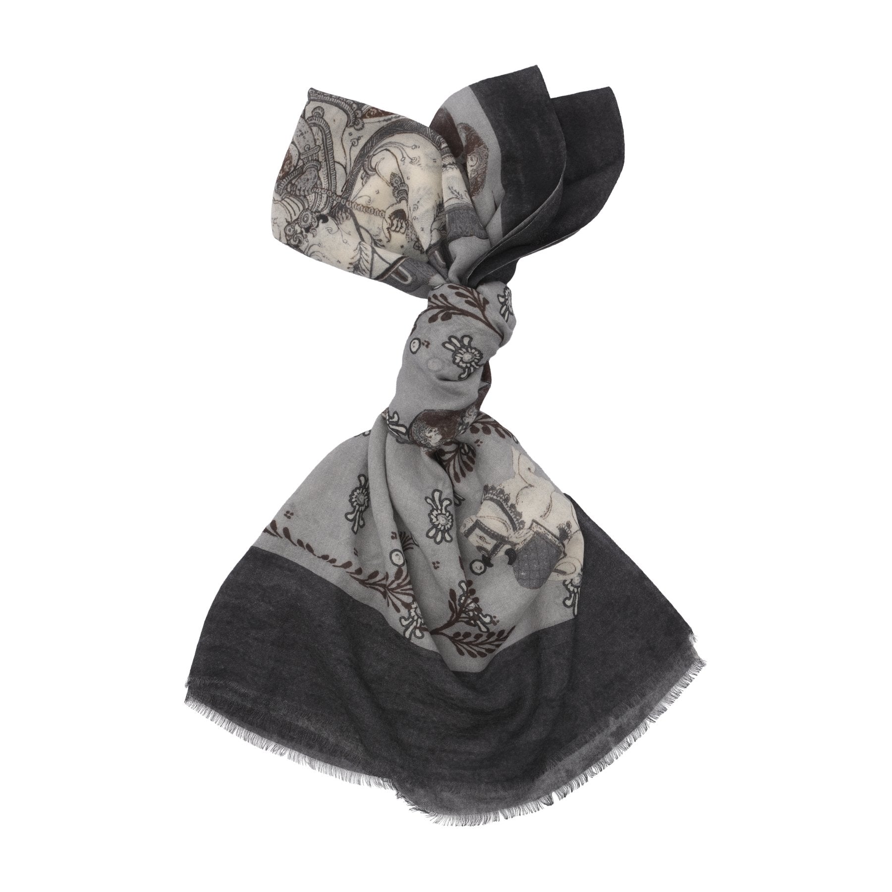 Fringed Cashmere Scarf with Oriental Print in Grey
