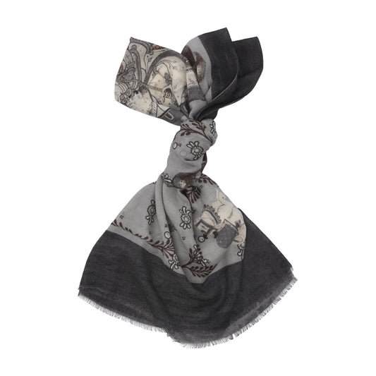 Bontoni Fringed Cashmere Scarf with Oriental Print in Grey - SARTALE