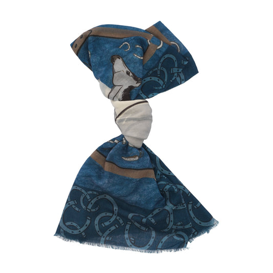 Bontoni Fringed Cashmere Scarf with Horse Print in Blue - SARTALE