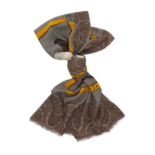 Bontoni Fringed Cashmere Scarf with Horse Print in Brown - SARTALE