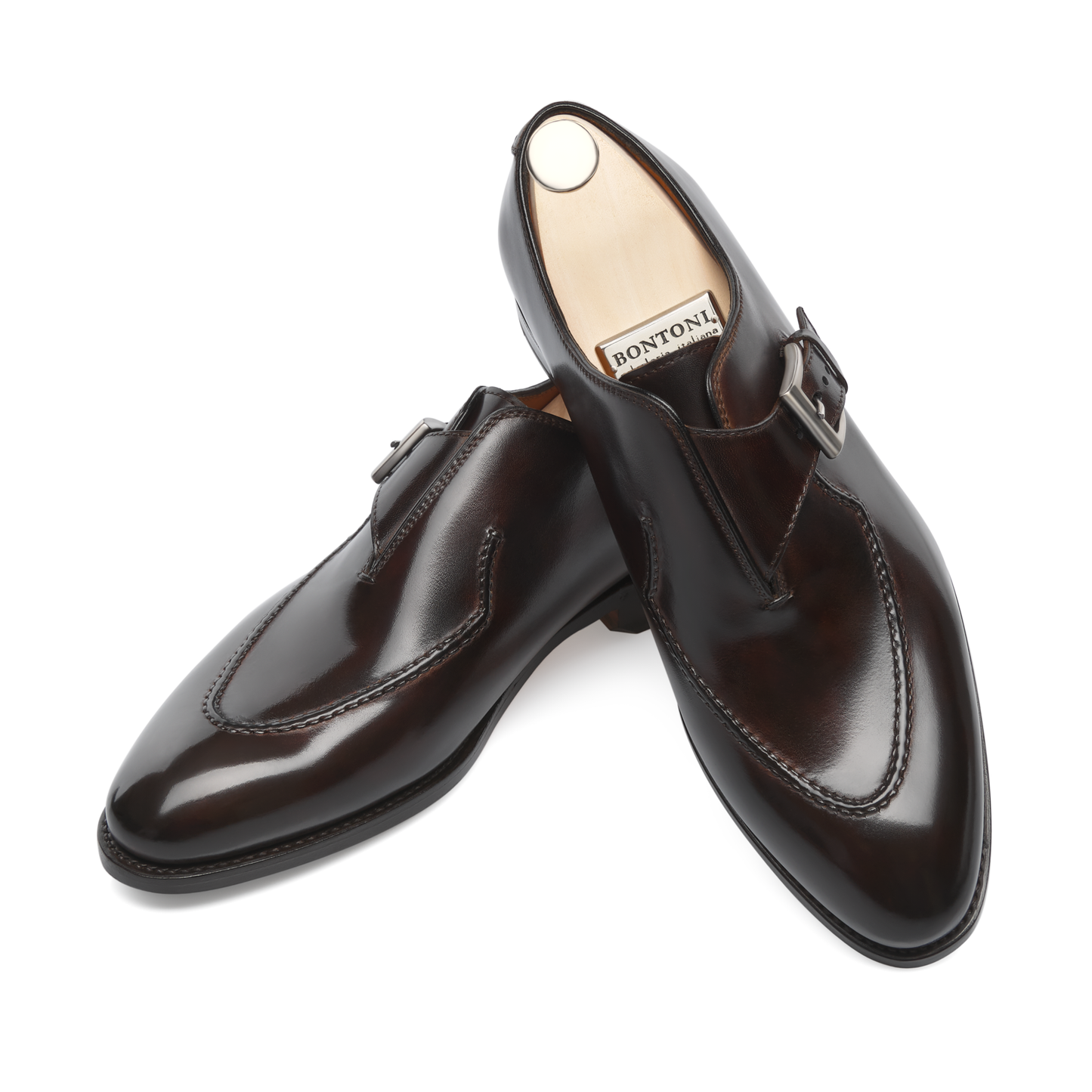 Bontoni «Brillantina II» Single-Monk Leather Shoes with Hand-Stitched Details in Dark Brown - SARTALE