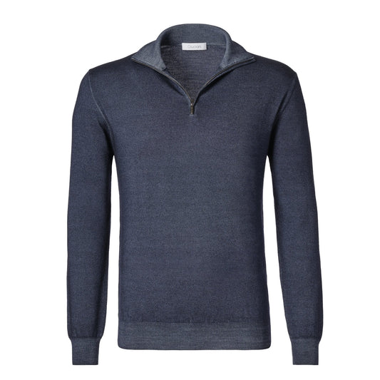 Cruciani Wool Turtleneck Sweater with Half-Zip in Denim Blue - SARTALE