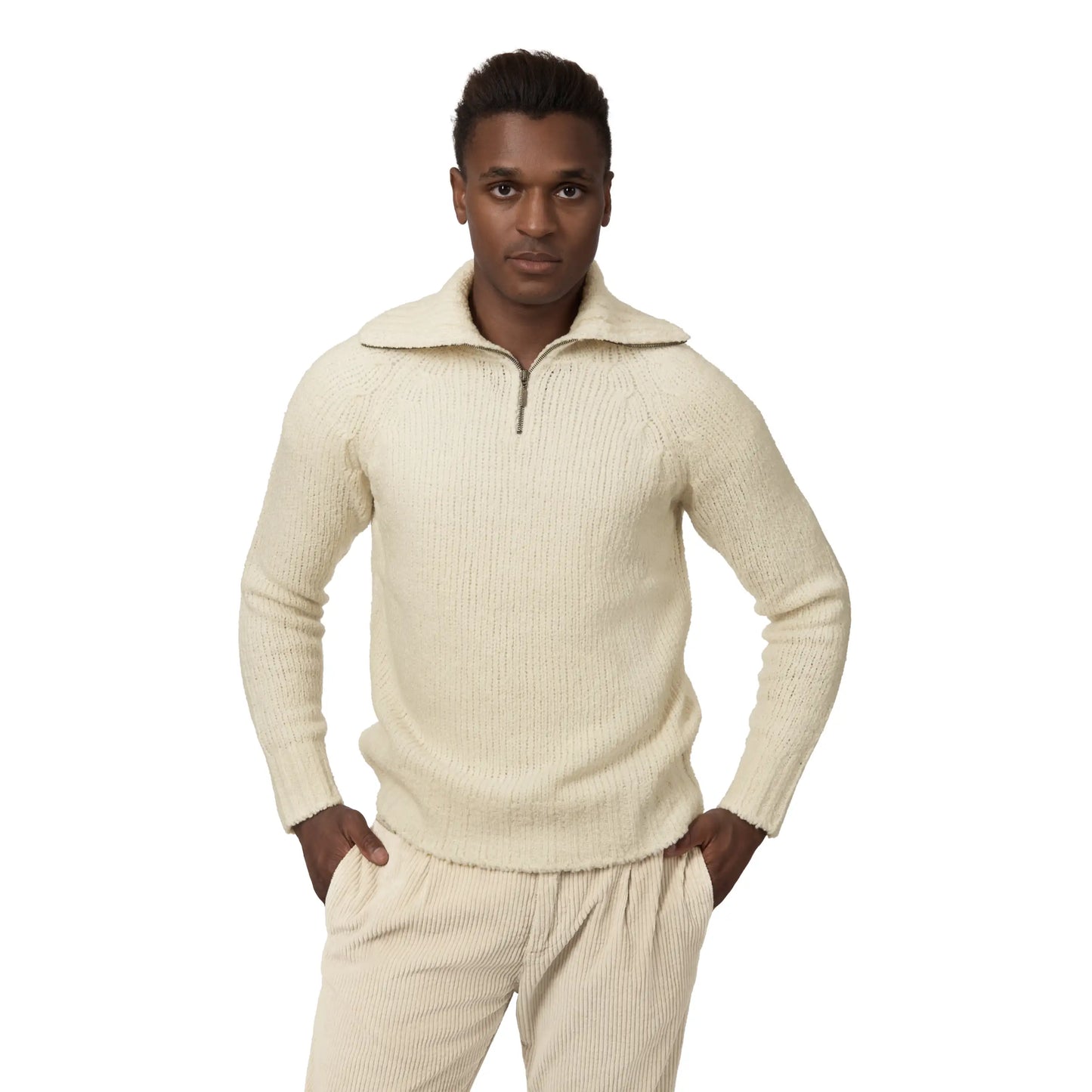Turtleneck Knitted Champagne Sweater with Half-Zip