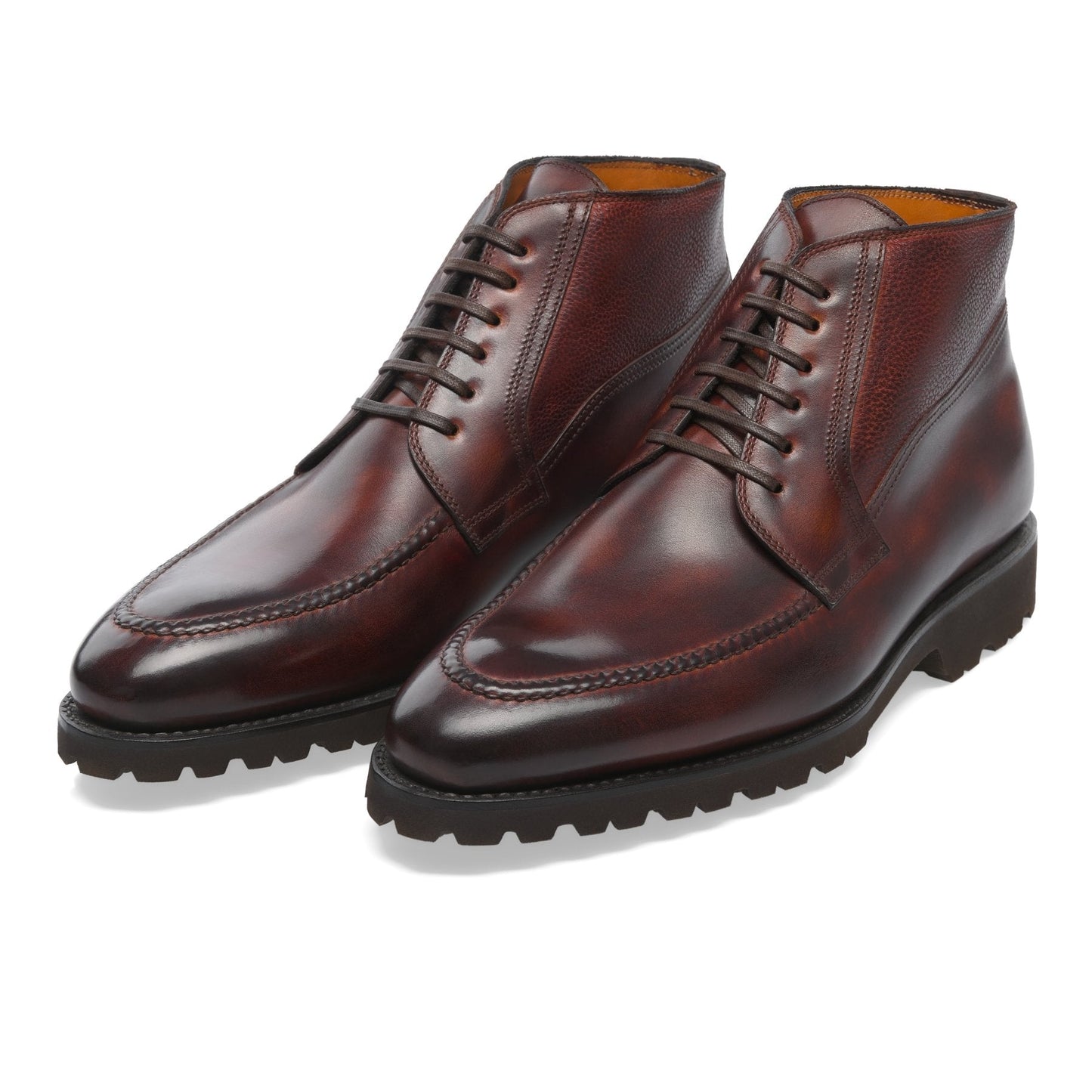 Bontoni «Campagna» Six-Eyelet Leather Derby Boots with Hand-Stitched Details in Whisky Brown - SARTALE