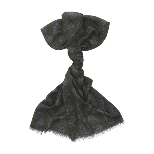 Paisley-Schal aus einer Mischung aus Kaschmir und Baumwolle mit Fransen in Olivgrün