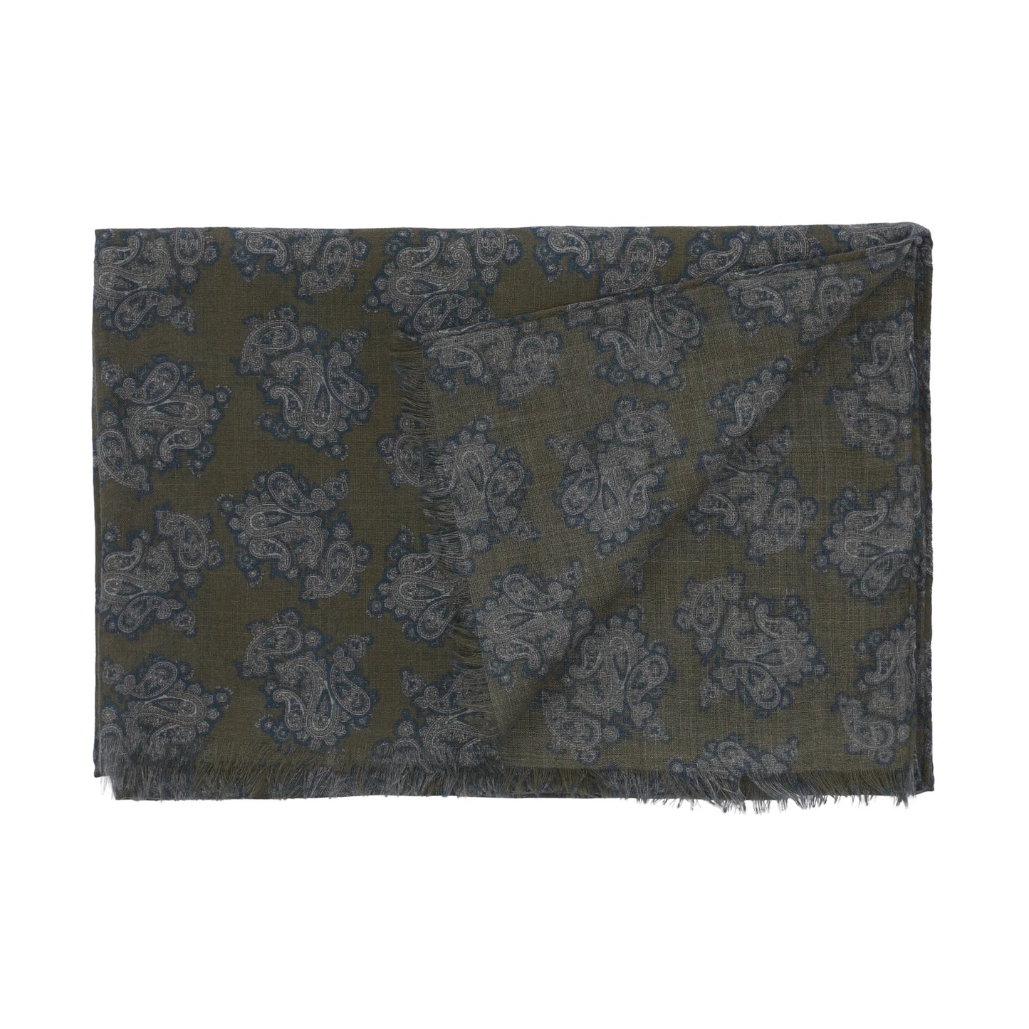 Fringed Paisley Cashmere and Cotton-Blend Scarf in Olive Green