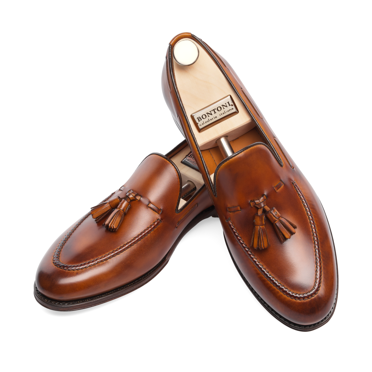 Bontoni «Conte Massimo» Leather Tassel Loafer with Hand-Stitched Apron in Cognac - SARTALE