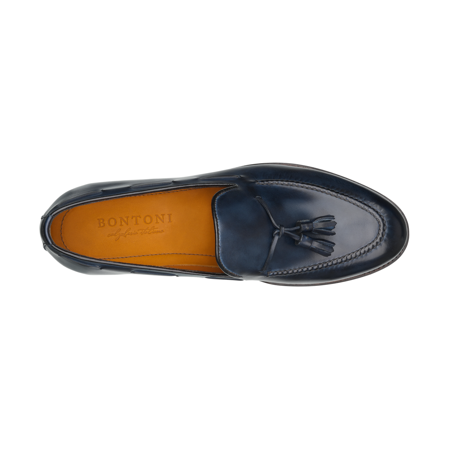 Bontoni «Conte Max Vintage» Leather Tassel Loafer with Hand-Stitched Apron in Blue - SARTALE