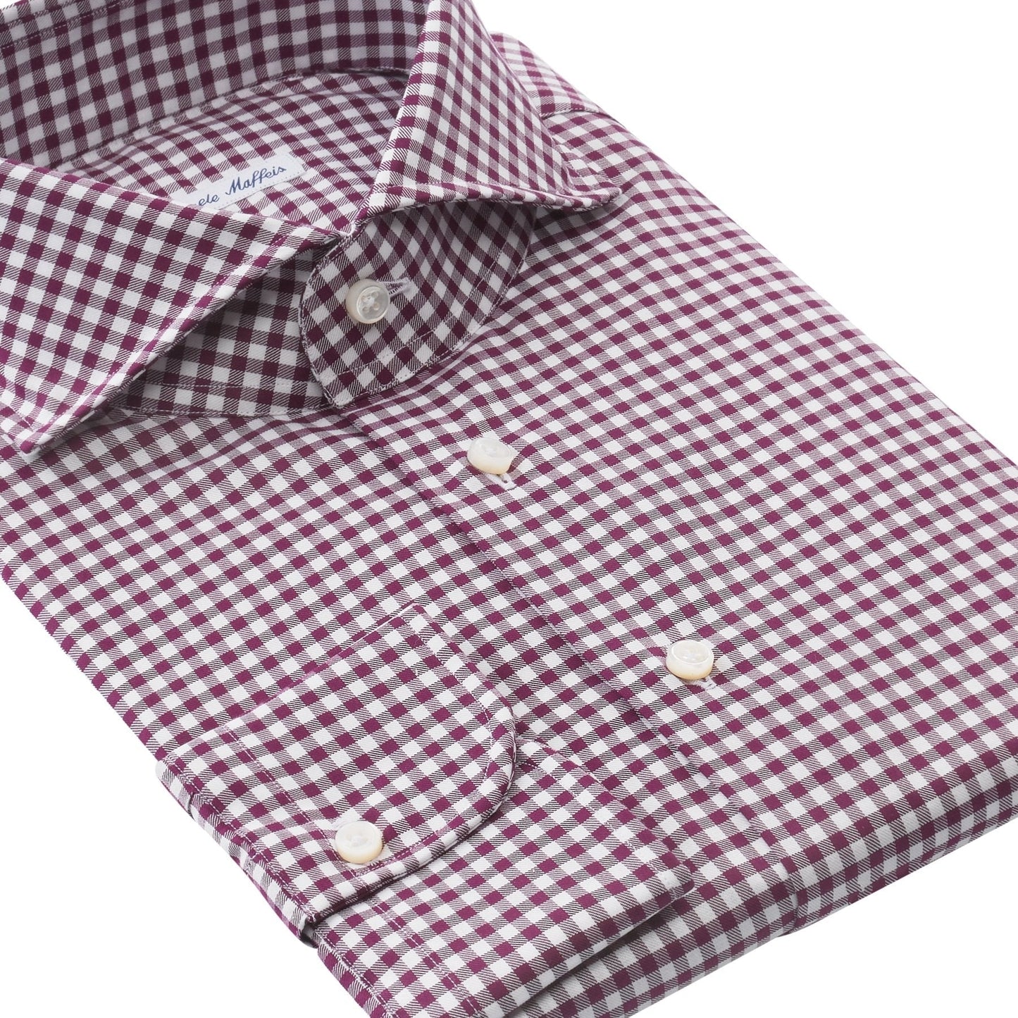 Emanuele Maffeis Gingham-Check Cotton Burgundy Shirt with Shark Collar - SARTALE
