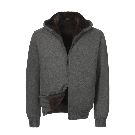 Loro Piana Cashmere Hooded Bomber Jacket with Fur Lining in Grey - SARTALE