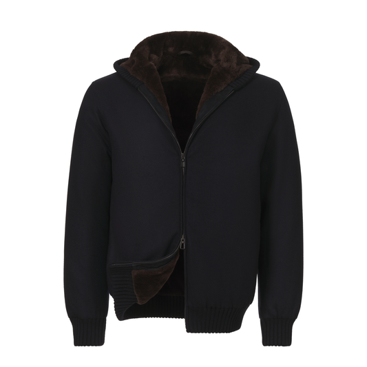 Loro Piana Cashmere Hooded Bomber Jacket with Fur Lining in Dark Blue - SARTALE