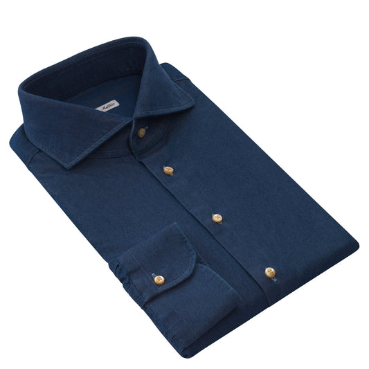 Emanuele Maffeis Cotton Denim Blue Shirt with Shark Collar - SARTALE