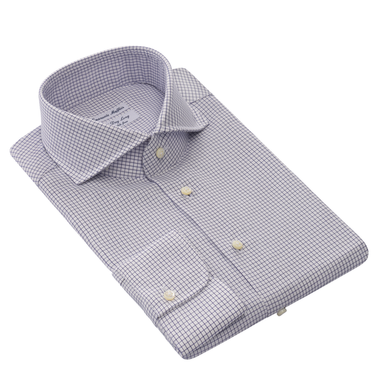 "All Day Long Collection" Graph-Check Cotton Blue Shirt with Shark Collar