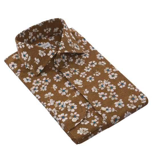 Floral Printed Cotton Shirt in Light Brown
